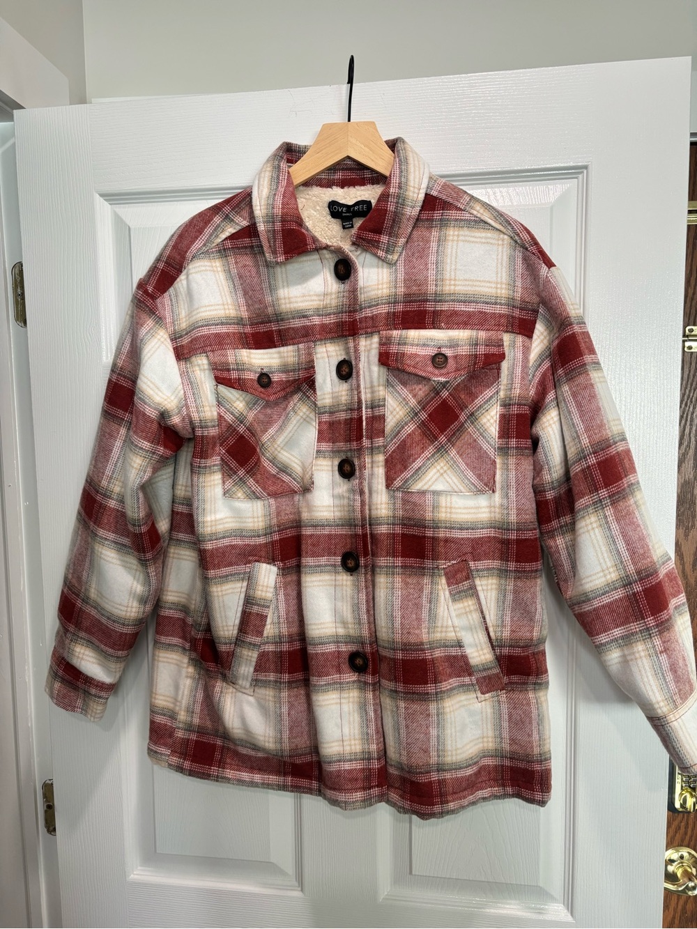Love Tree Sherpa Plaid Shacket Burgundy Cream Small
